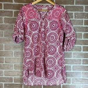 Hatley Pink White Pattern Popover Tunic Cotton Blouse Womens M Roll Tab Sleeve